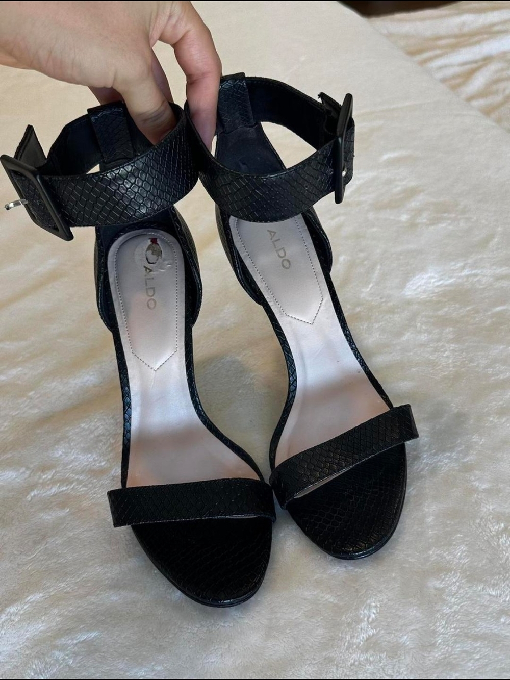 Aldo Black Textured Ankle-Strap Heeled Sandals